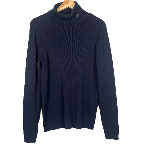 RALPH LAUREN Navy Blue Thick Knit Cotton Monogram Turtleneck Sweater Size XL - Picture 1 of 6